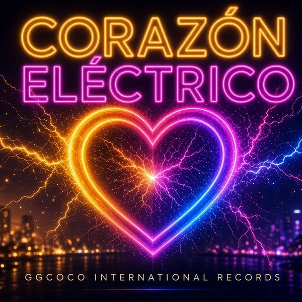 Corazón Eléctrico album cover: a neon heart with lightning over a city skyline